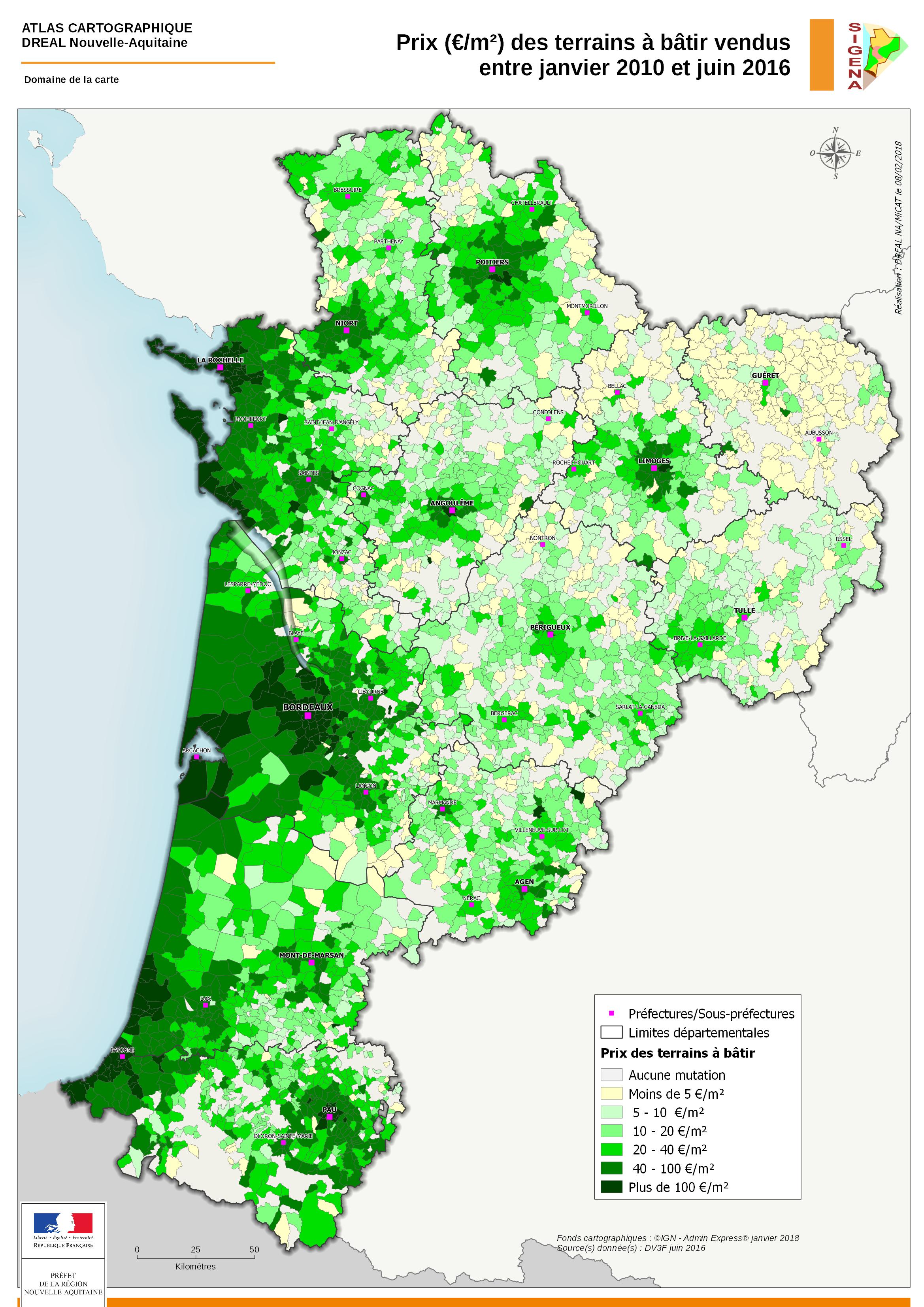 Nouvelle-Aquitaine : Prix médian (€/m²) des terrains à bâtir vendus entre janvier et juin 2016