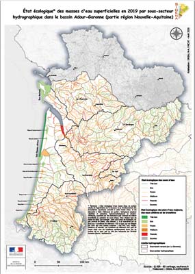 Nouvelle-Aquitaine : état écologique des masses d'eau superficielles en 2019 - bassin Adour-Garonne
