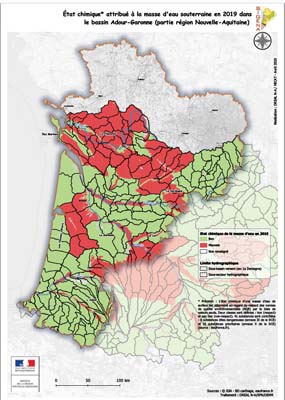 Nouvelle-Aquitaine : état chimique attribué aux masses d'eau souterraine en 2019, bassin adour-garonne