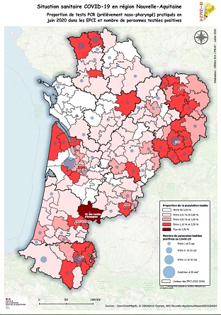 Nouvelle-Aquitaine : proportion de tests PCR pratiqués en juin 2020 et positivité dans les EPCI