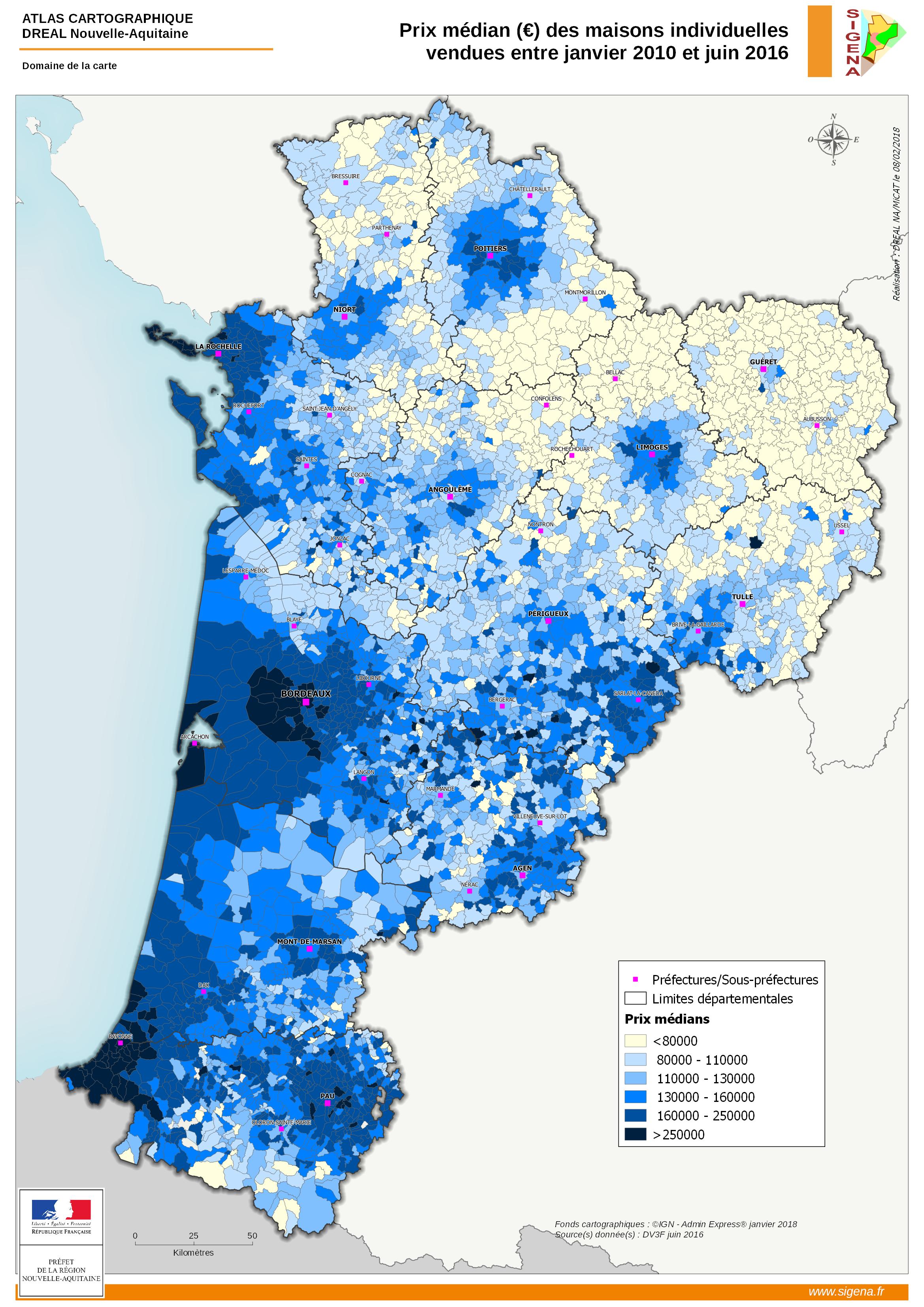 Nouvelle-Aquitaine : Prix médian (€) des maisons individuelles vendues entre janvier 2010 et juin 2016