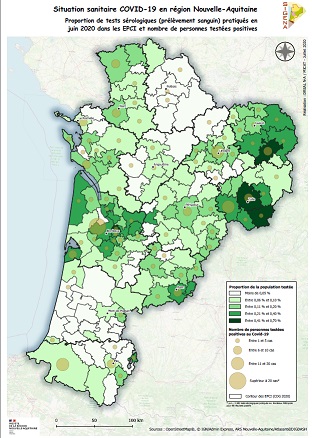Nouvelle-Aquitaine : proportion de tests sérologiques pratiqués en juin 2020 dans les EPCI et nombre de personnes positives